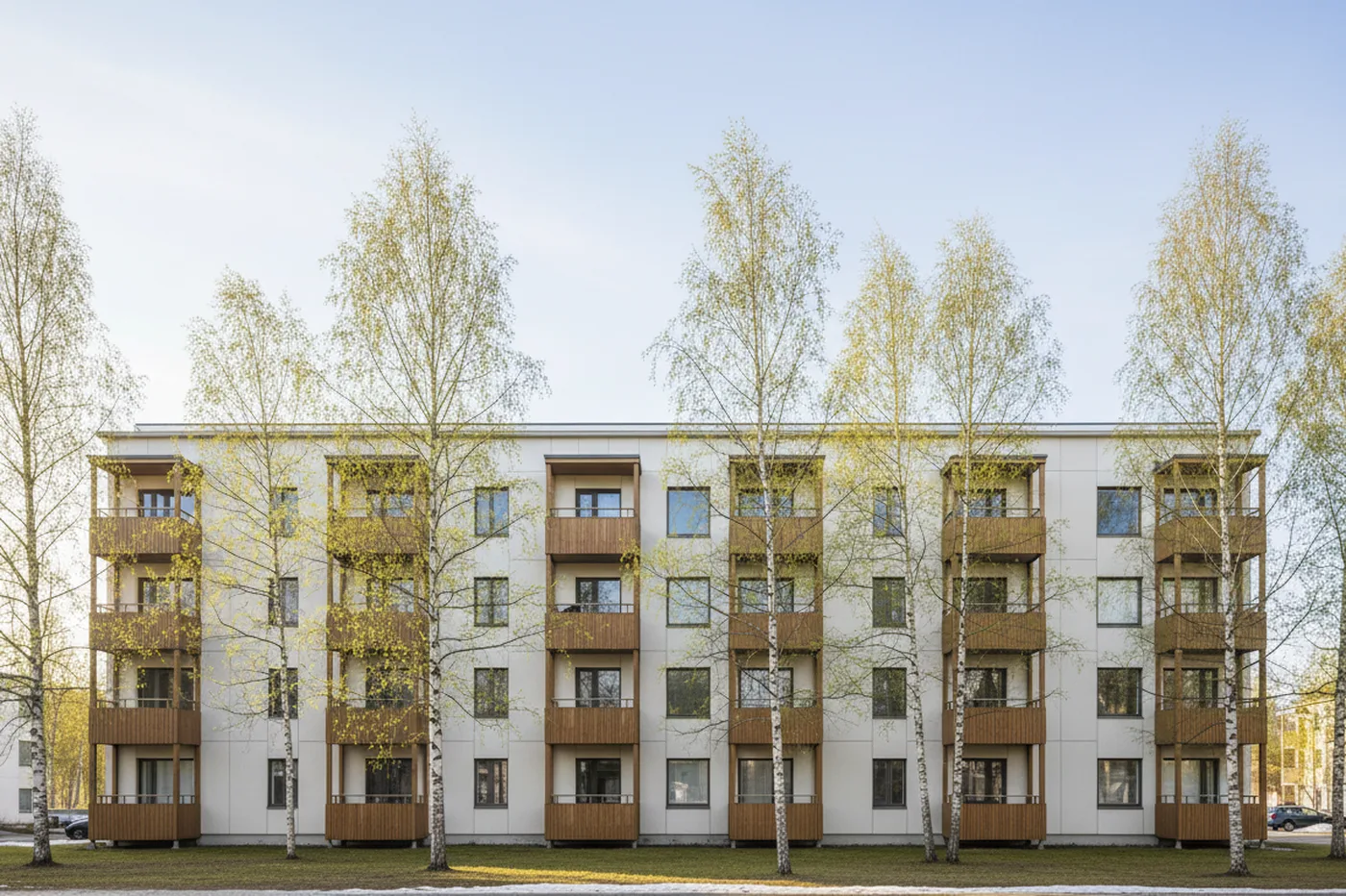 Suomalainen kerrostalo koivujen keskellä